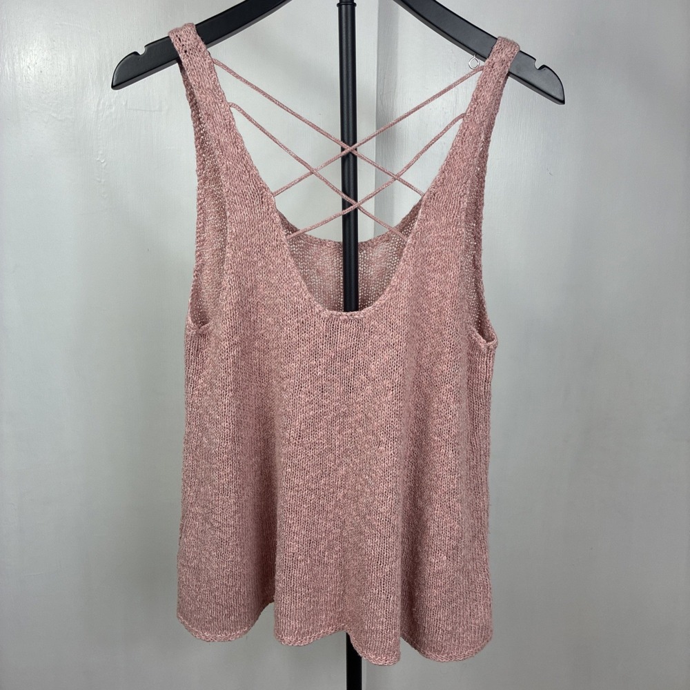 AmericanEagle XL Knit Heather PinkWhite Tank Side Slits Boho Peasant Cottagecore - Picture 4 of 9